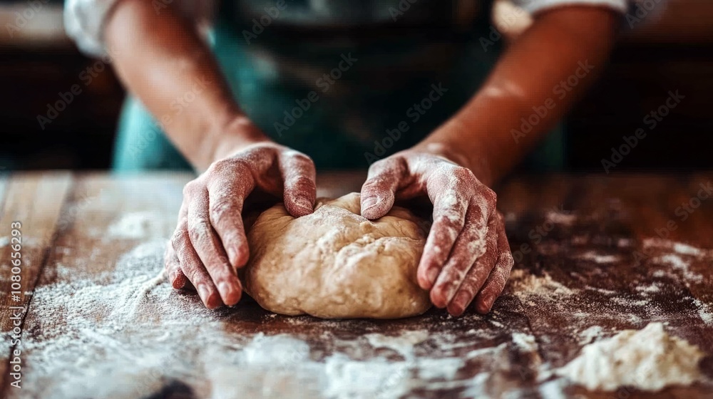Hands kneading dough on a rustic wooden table. Hands kneading dough on a rustic wooden table.