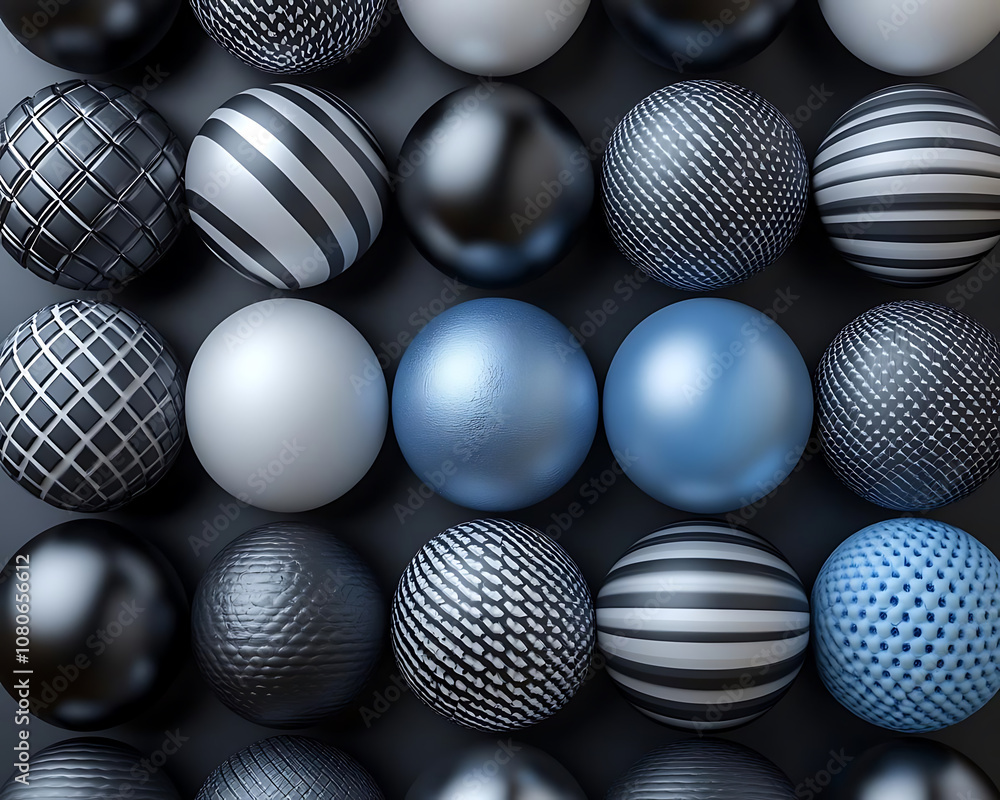 3D geometric shapes practice. Spheres in various patterns and colors, including metallic and matte finishes, create visually striking arrangement. 3D geometric shapes practice. Spheres in various patterns and colors, including metallic and matte finishes, create visually striking arrangement.