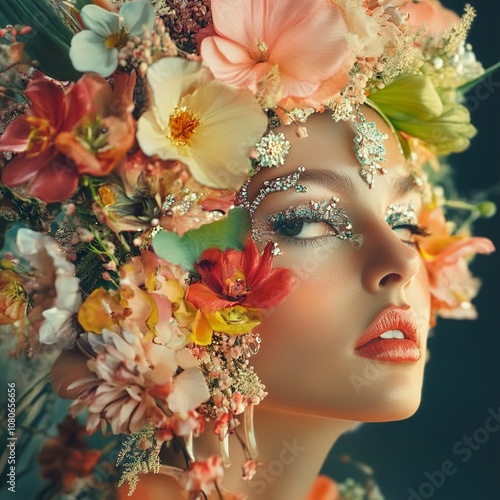 Floral Crown Beauty: Woman with Flowers in Hair, Artistic Portrait