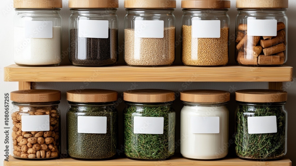 Glass jars with blank labels for kitchen storage displaying spices and dried herbs Glass jars with blank labels for kitchen storage displaying spices and dried herbs