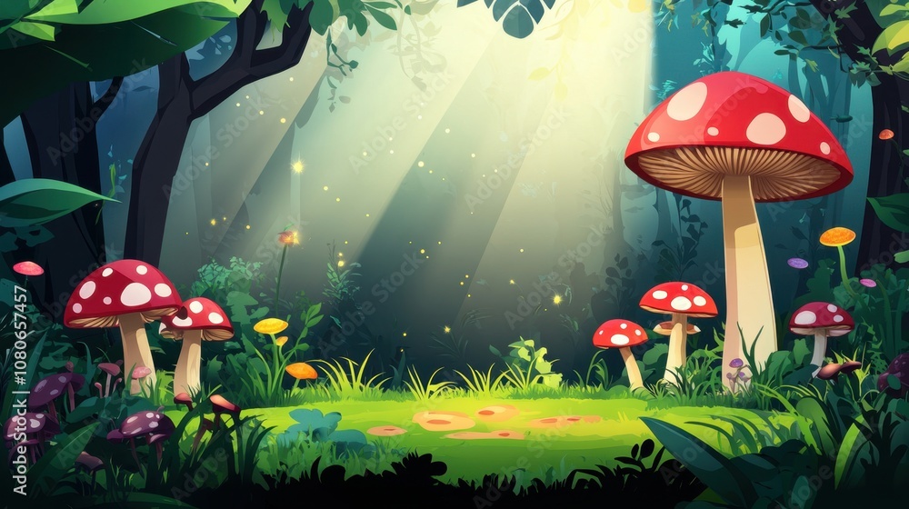 Fototapeta premium Captivating forest scene, mushrooms under sunlight, ample space for text