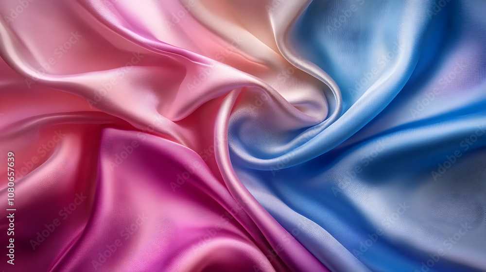 Fototapeta premium Abstract Pink and Blue Silk Fabric Draped Background, Elegant Swirling Gradient Texture, Smooth Shiny Surface, Luxurious Soft Material, Pastel Color Palette, Fashion Textile Design