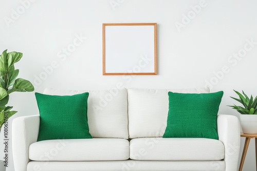 Modern minimalist interior design featuring white sofa, green cushions, and empty frame