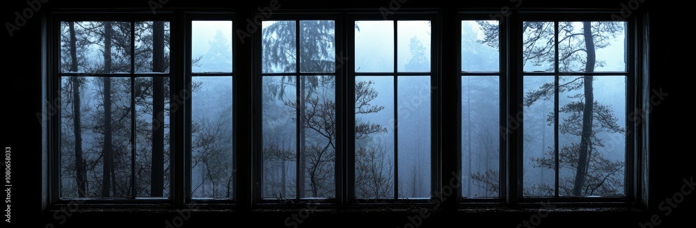 A tranquil scene of misty trees viewed through multi-pane windows, evoking a sense of calm and connection to nature. A tranquil scene of misty trees viewed through multi-pane windows, evoking a sense of calm and connection to nature.