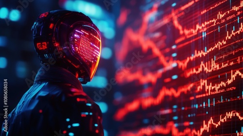 Futuristic scene of a person analyzing digital stock trends with a glowing helmet in a vibrant, tech-infused environment. photo