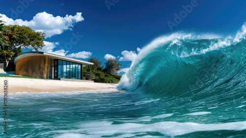 Fototapeta Naklejka Na Ścianę i Meble -  Modern Beach House with Breaking Wave