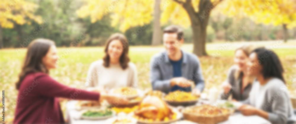 Blurred background of a warm and inviting outdoor Thanksgiving gathering, filled with laughter and good company, thanksgiving day, food sharing Blurred background of a warm and inviting outdoor Thanksgiving gathering, filled with laughter and good company, thanksgiving day, food sharing