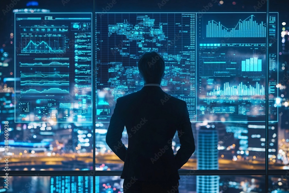 Businessman Looking at Data Analytics and Charts on Screen in Cityscape Office