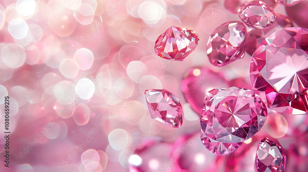 A collection of sparkling pink diamonds against a soft, blurred background, creating a luxurious and elegant atmosphere. A collection of sparkling pink diamonds against a soft, blurred background, creating a luxurious and elegant atmosphere.
