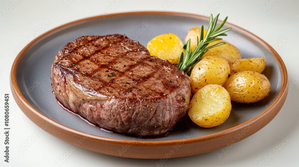 A beautifully grilled steak served with golden baby potatoes and garnished with fresh rosemary on a rustic plate. A beautifully grilled steak served with golden baby potatoes and garnished with fresh rosemary on a rustic plate.