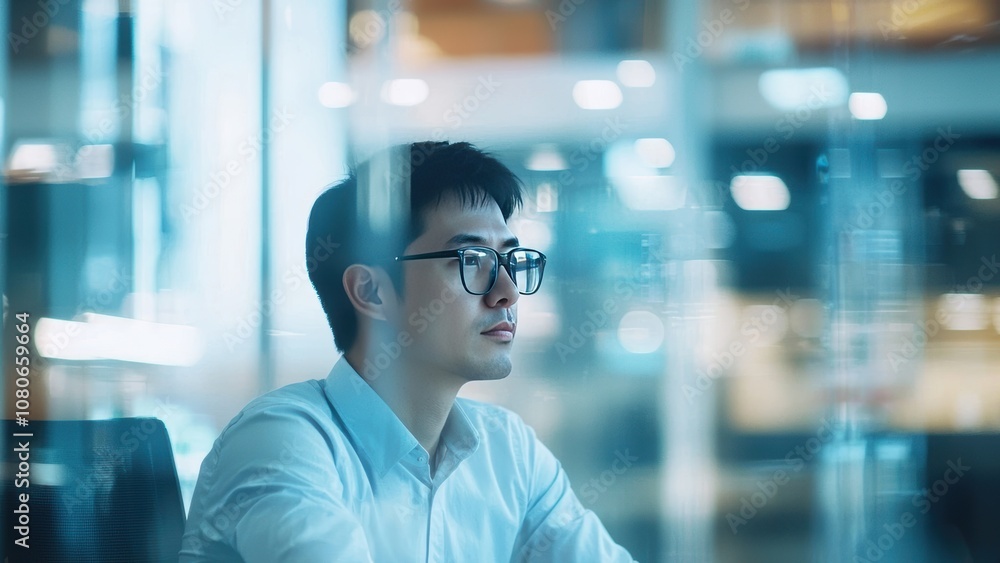 Focused Asian Man in Glasses Working in Modern Office Environment with Blurred Background, Concentrating on Task and Deep in Thought, Professional Atmosphere Ideal for Business Themes Focused Asian Man in Glasses Working in Modern Office Environment with Blurred Background, Concentrating on Task and Deep in Thought, Professional Atmosphere Ideal for Business Themes