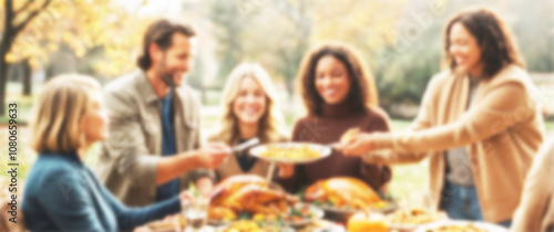 Blurred background of a feast for the eyes and the stomach at this outdoor Thanksgiving celebration, thanksgiving day, food sharing