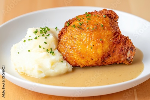 Crispy fried chicken served with creamy mashed potatoes and rich gravy, garnished with fresh chives on a white plate.