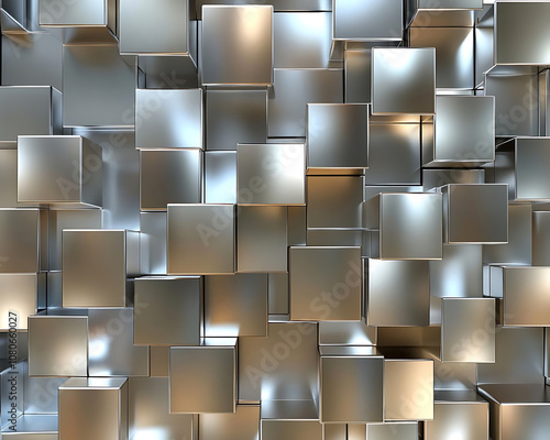 3D geometric shapes practice. Shiny metallic cubes arranged in dynamic pattern create visually striking abstract background. interplay of light and shadow enhances three dimensional effect photo