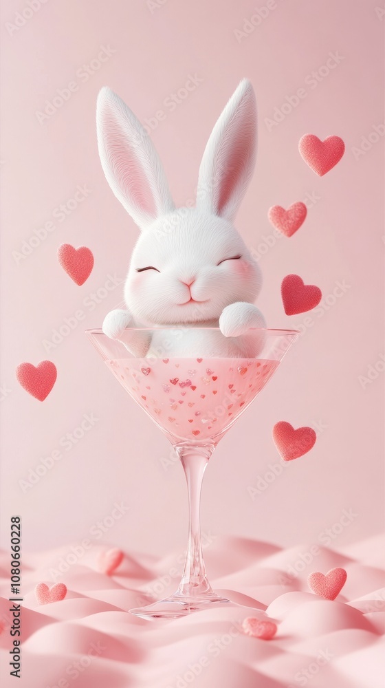 Cute white bunny relaxing in a martini glass surrounded by hearts Cute white bunny relaxing in a martini glass surrounded by hearts
