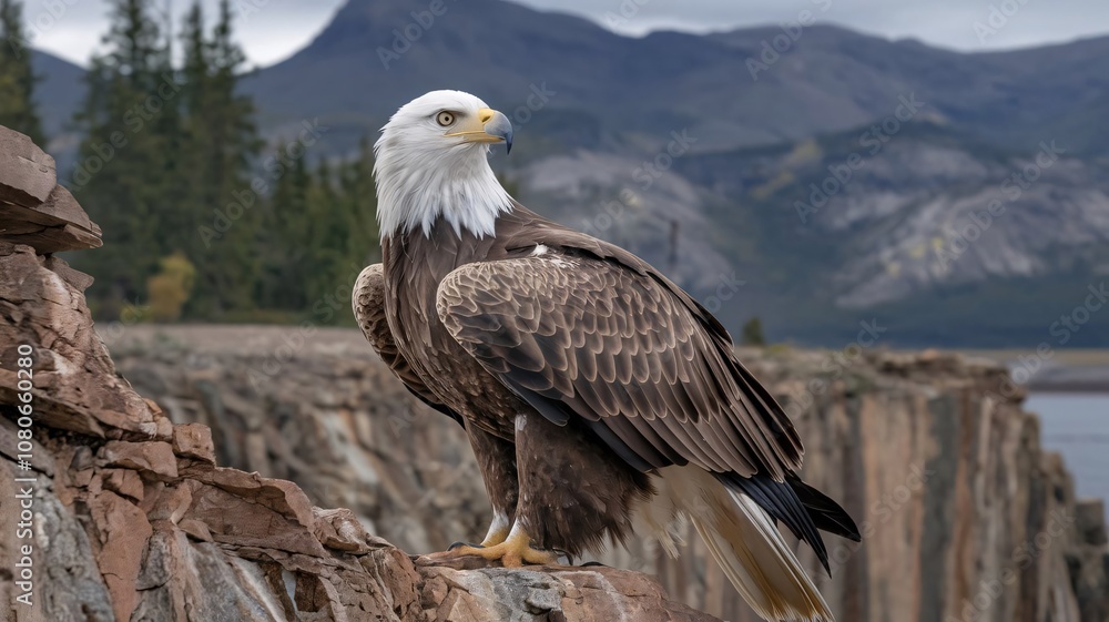 Fototapeta premium Sharp-Eyed Eagle Perched on Cliff, Gazing Over Dramatic Landscape