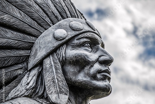 Native American Chief Statue in Headdress Close up photo