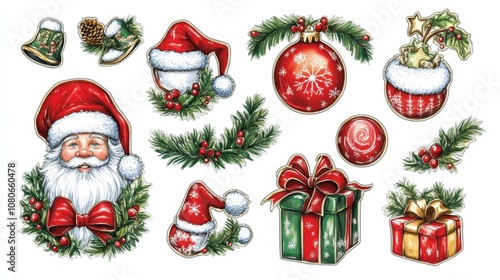 Christmas collection: Santa, baubles, gifts, and ribbon bows. Vibrant, detailed vector for holiday cards and decor.