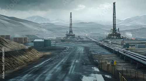 Oil drilling rigs in a desolate desert landscape with a dirt road leading to the facility. photo