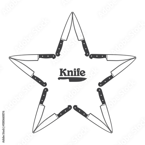 Vector star symbol composed of kitchen knives. Isolated on white background.