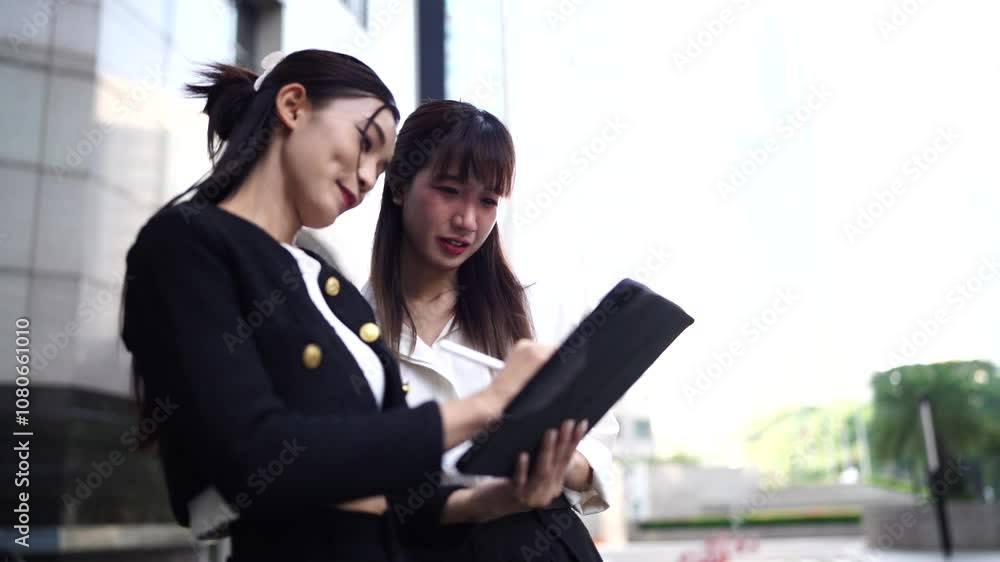 Two young Asian businesswomen outside their company with a skyscraper in the background. Two young Asian businesswomen outside their company with a skyscraper in the background.