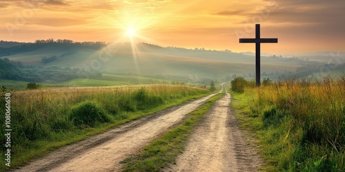 A serene landscape at sunrise featuring a cross along a dirt road.