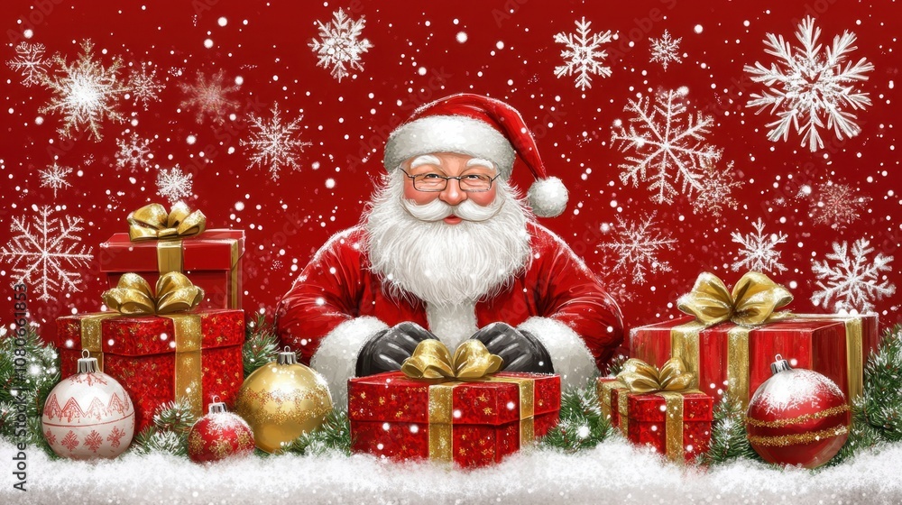 Christmas element pack with Santa, gift boxes, ribbon bows, snowflakes, and ornaments. Great for invitations and holiday decor. High-detail vector. Christmas element pack with Santa, gift boxes, ribbon bows, snowflakes, and ornaments. Great for invitations and holiday decor. High-detail vector.
