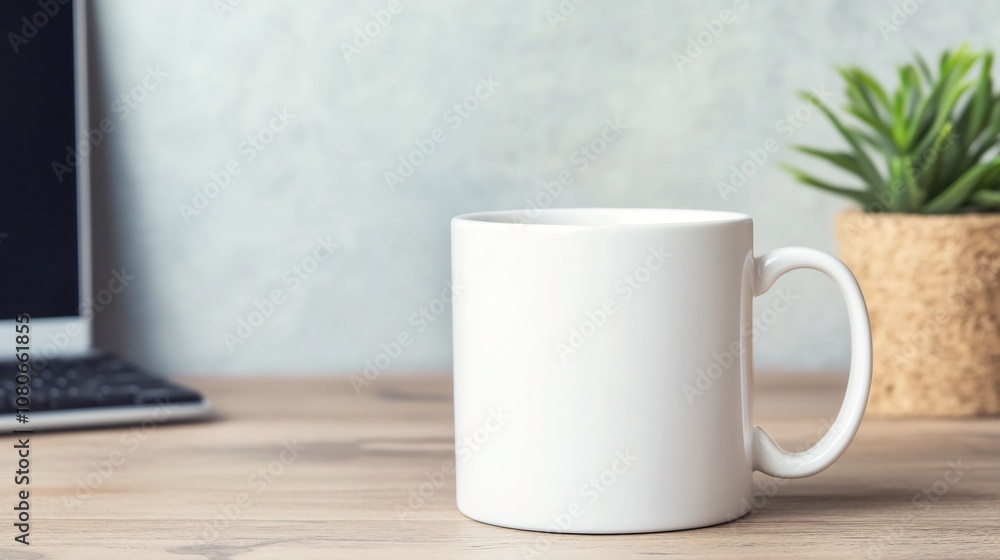 Clean White Mug on Minimal Office Desk with Computer in Background Clean White Mug on Minimal Office Desk with Computer in Background