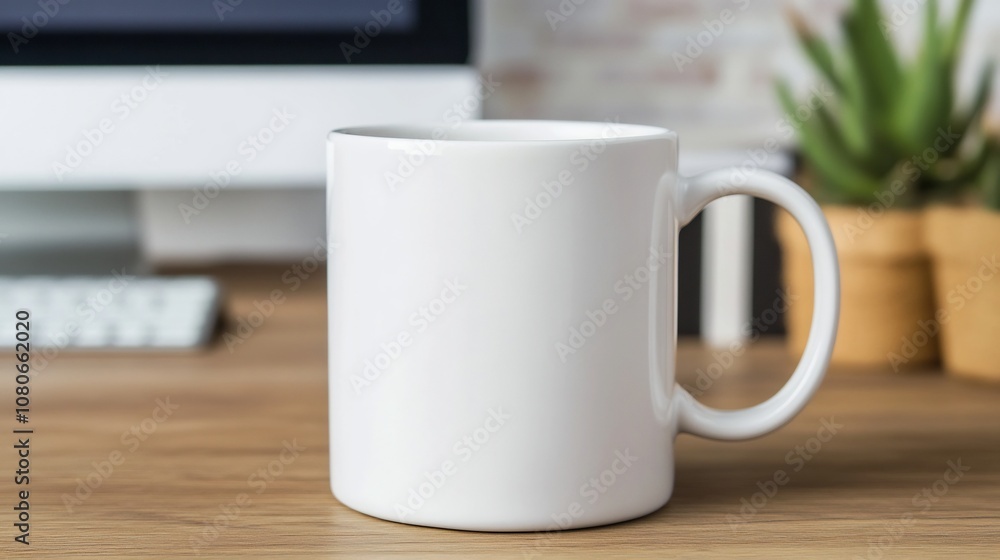 Clean White Ceramic Mug on Office Desk with Computer and Succulent Plant Mockup Clean White Ceramic Mug on Office Desk with Computer and Succulent Plant Mockup