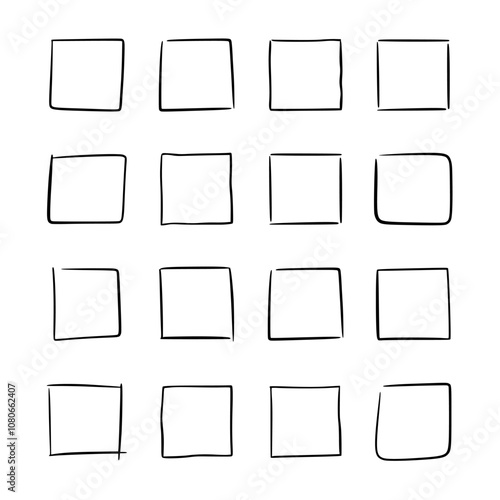 Set of square thin outline frames, drawn by hand in sweeping neat handwriting with dynamics. Graphic template of table with four rows and columns. Vector illustration of simple geometric shape.