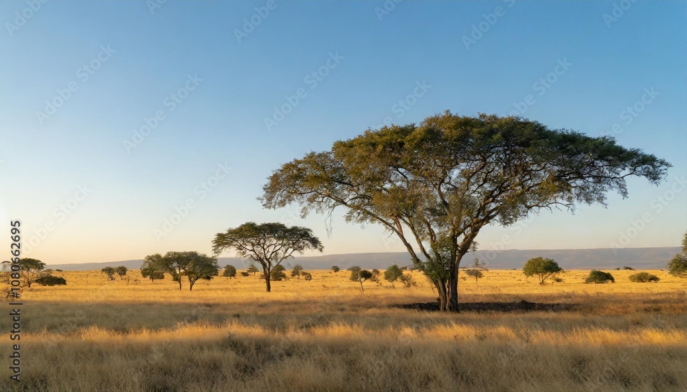 Vast Open Savannah Stretching to the Horizon, With Towering Acacia Trees Dotted Across the Landscape, Beneath a Clear Blue Sky and Gently Grazing Herds in the Distance Vast Open Savannah Stretching to the Horizon, With Towering Acacia Trees Dotted Across the Landscape, Beneath a Clear Blue Sky and Gently Grazing Herds in the Distance