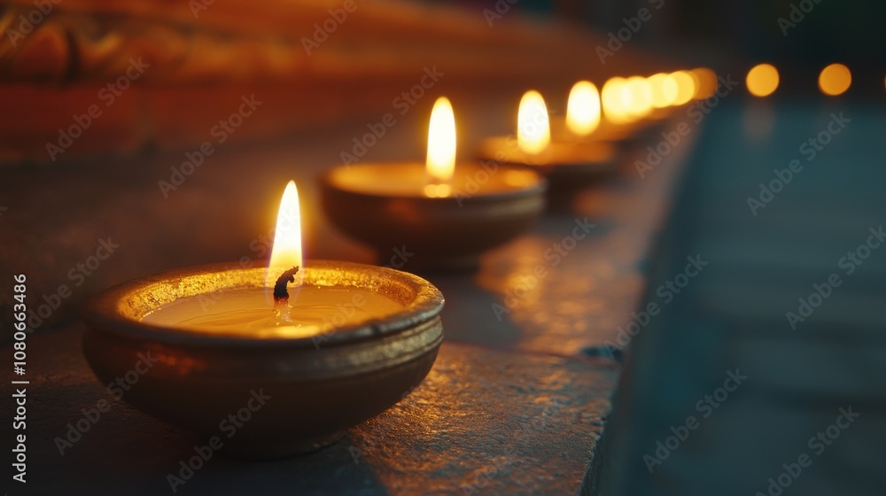 A row of candles are lit up, creating a warm and inviting atmosphere. The candles are placed in small gold bowls, which add to the cozy and intimate feel of the scene A row of candles are lit up, creating a warm and inviting atmosphere. The candles are placed in small gold bowls, which add to the cozy and intimate feel of the scene