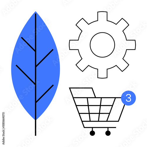 Blue leaf next to a gear and a shopping cart with a notification badge showing the number three. Ideal for sustainability, innovation, e-commerce, technology, nature, online shopping, environment