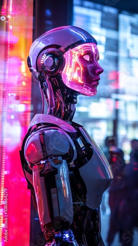 Futuristic humanoid robot emerging in technological cityscape