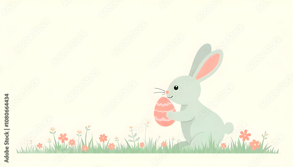 Minimalist Easter card with rabbit holding an Easter egg in grassy field, simple and charming Minimalist Easter card with rabbit holding an Easter egg in grassy field, simple and charming