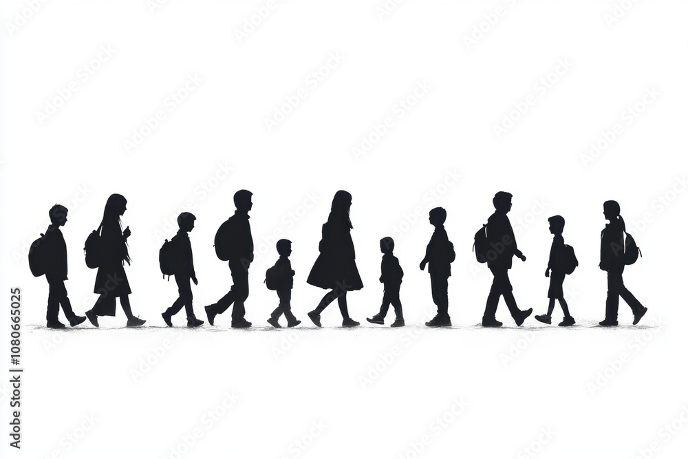 A group of children of different ages walk in a line, silhouetted against a white background, symbolizing unity and education. A group of children of different ages walk in a line, silhouetted against a white background, symbolizing unity and education.