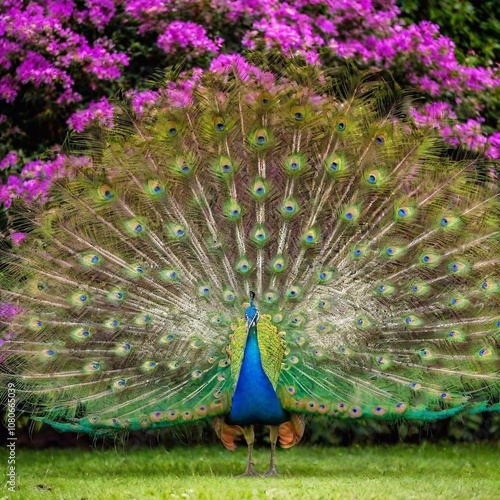 A beautiful peacock displaying its vibrant feathers in full glory against a backdrop of blooming flowers