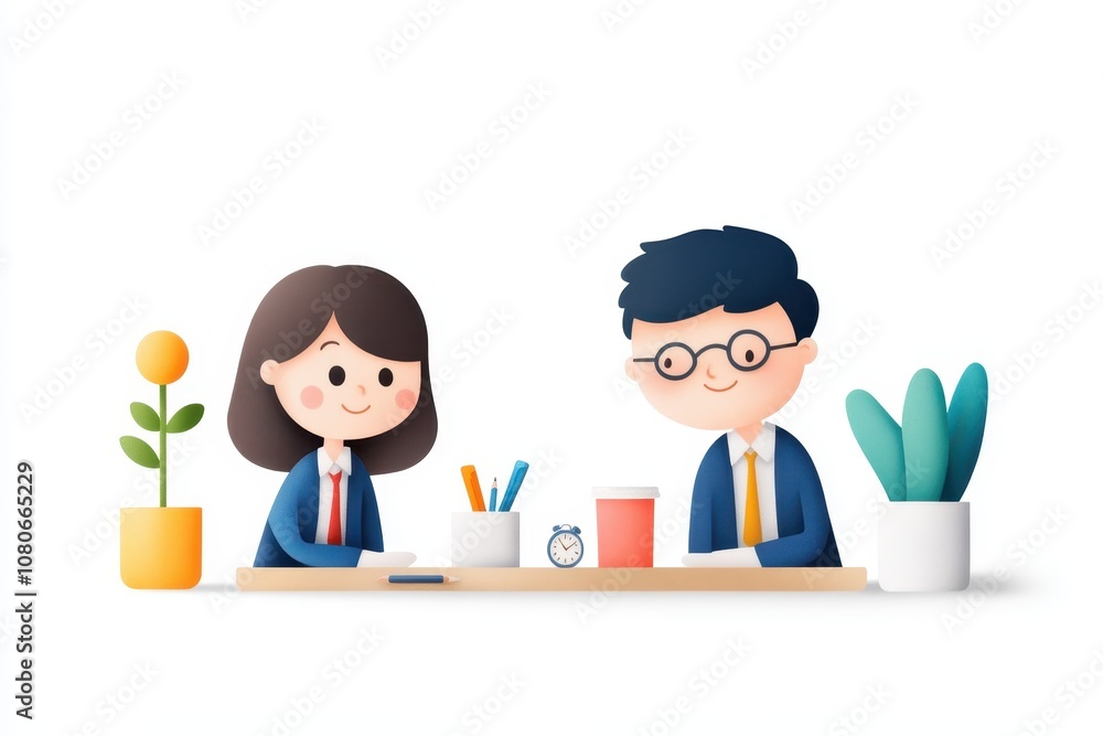 A cheerful duo in business attire sits at a desk, symbolizing teamwork, collaboration, and a productive workplace environment.