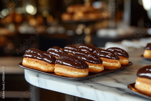 A tray of mini éclairs, glossy chocolate ganache, crisp choux pastry, vanilla cream filling, arranged on a marble counter, cool daylight, in a modern patisserie