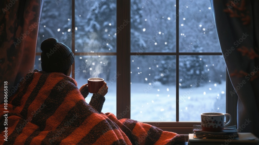 A Person sitting by a window wrapped in a blanket, holding a steaming cup of hot chocolate, outside is a snowy winter scene, feeling cozy and relaxed A Person sitting by a window wrapped in a blanket, holding a steaming cup of hot chocolate, outside is a snowy winter scene, feeling cozy and relaxed