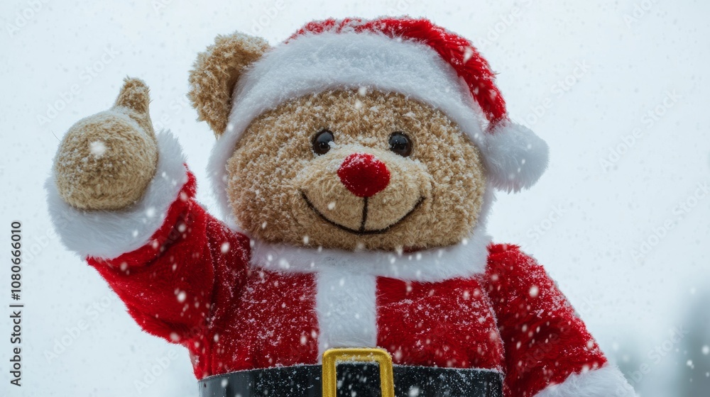 Smiling christmas teddy bear showing thumbs up during snowfall Smiling christmas teddy bear showing thumbs up during snowfall