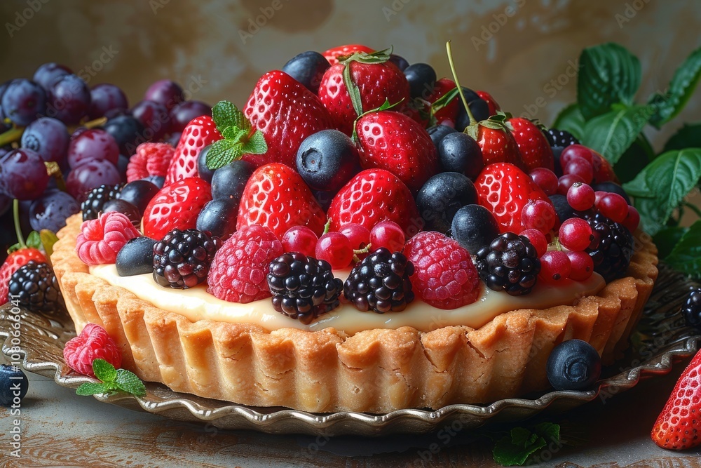 Delicious Fruit Tart with Custard Filling and Assorted Berries Delicious Fruit Tart with Custard Filling and Assorted Berries