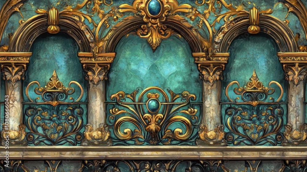 Fototapeta premium Classic balcony with ornate iron railing, intricate patterns, blank background for text in center