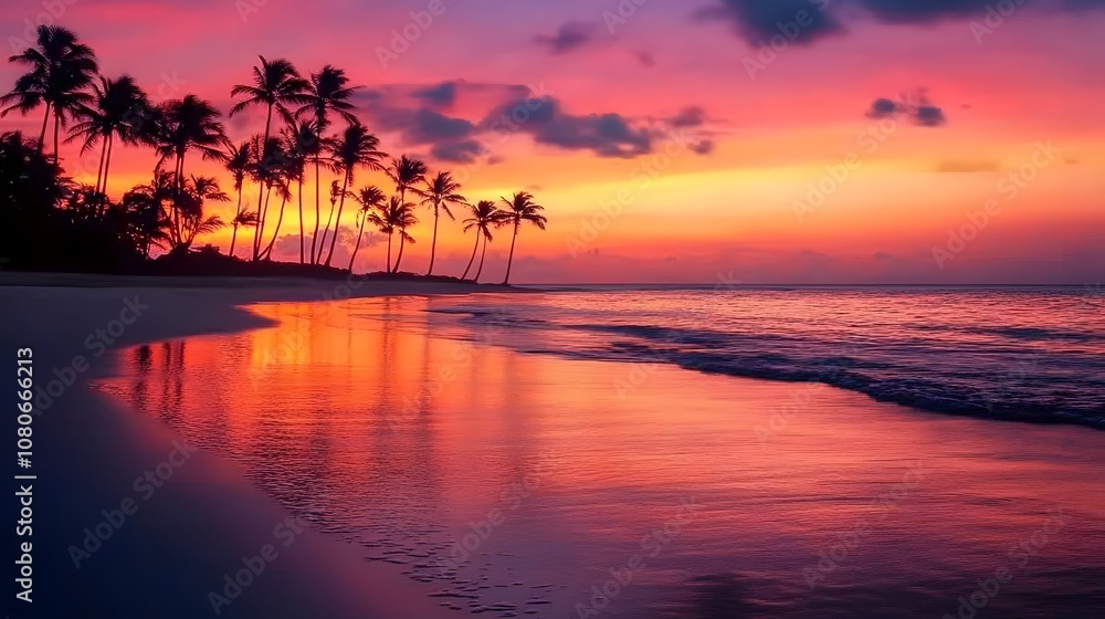 Silhouettes of palm trees against a vibrant, colorful sunset on a tropical beach. Silhouettes of palm trees against a vibrant, colorful sunset on a tropical beach.