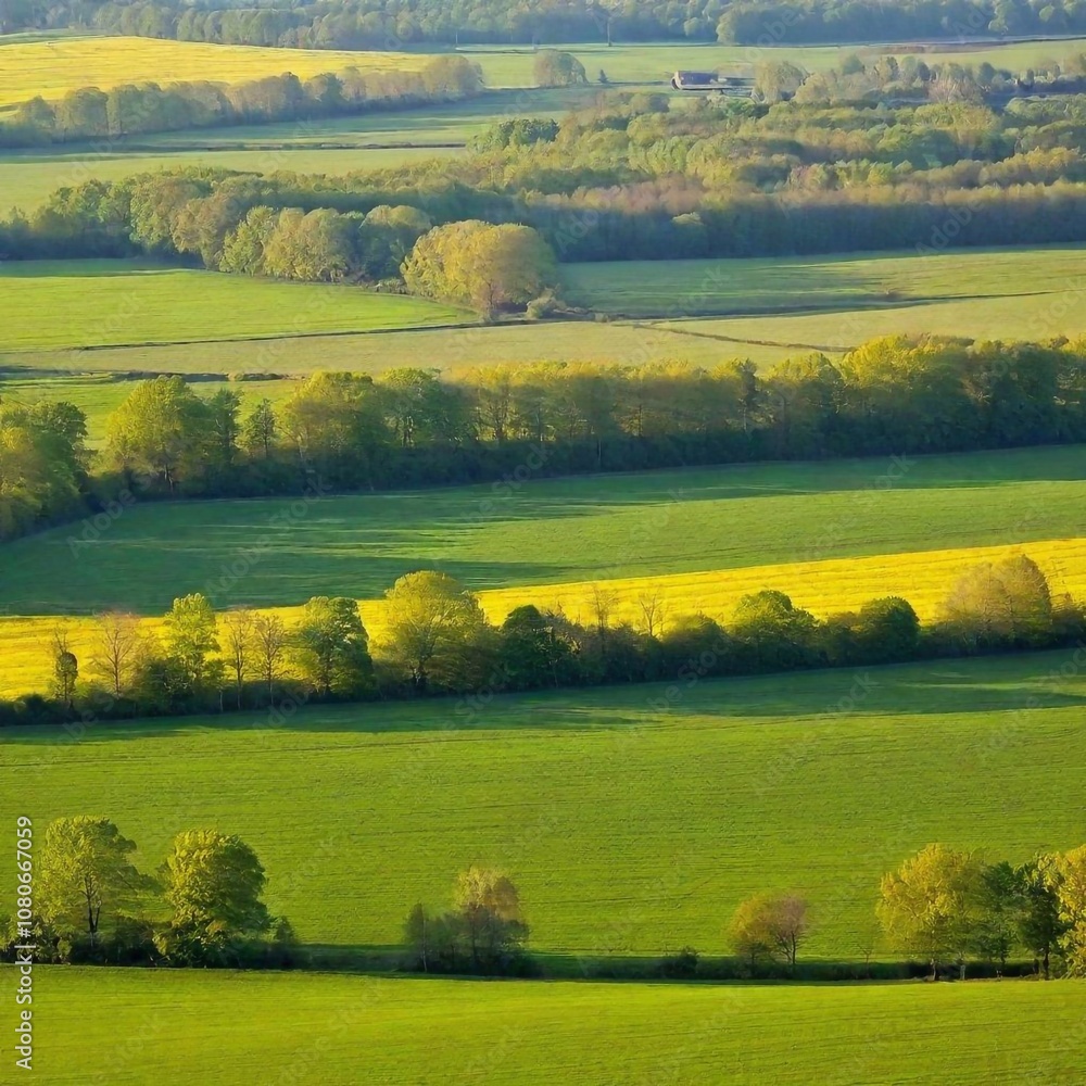 Obraz premium Springtime Countryside: A medium wide shot of a countryside scene in spring. The deep focus captures the green fields, blooming trees, and rolling hills in the background, with details of the vibrant 