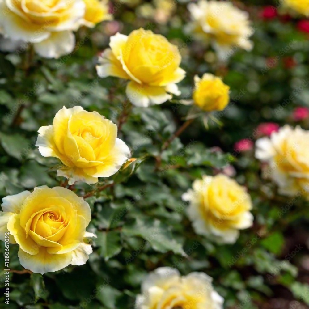 cluster of yellow roses in a garden, with one rose in sharp focus and the rest softly fading into the background, showcasing the vibrant and cheerful nature of the flowers cluster of yellow roses in a garden, with one rose in sharp focus and the rest softly fading into the background, showcasing the vibrant and cheerful nature of the flowers