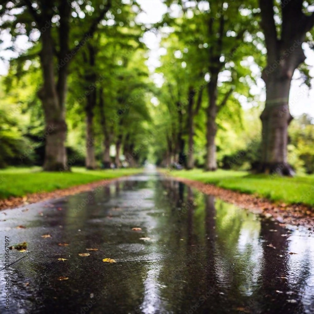 Fototapeta premium A medium wide shot of a forest path in the rain, captured from a Dutch angle. The shallow focus emphasizes the rain-soaked path and the surrounding trees, creating a sense of movement and depth with t