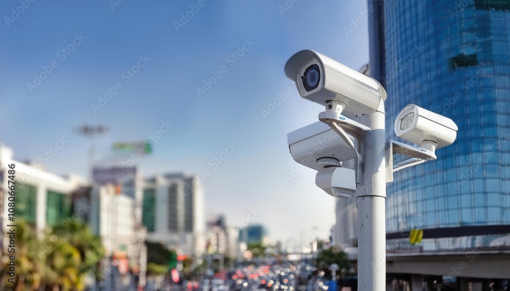 CCTV Camera on Pole Overlooking Busy Intersection CCTV Camera on Pole Overlooking Busy Intersection