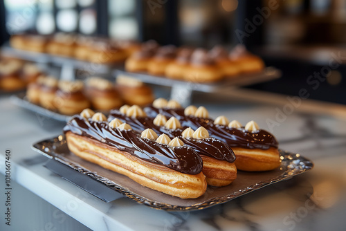 A tray of mini éclairs, glossy chocolate ganache, crisp choux pastry, vanilla cream filling, arranged on a marble counter, cool daylight, in a modern patisserie