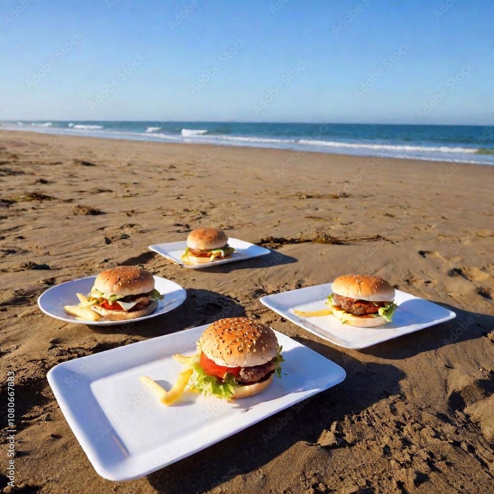 Obraz premium Extreme Wide Shot of a Beachside Picnic with Hamburgers on Plates: A soft focus photo capturing a beachside picnic scene with hamburgers laid out on plates at eye level.